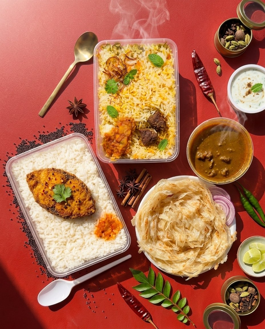 Fried fish rice, biryani, mutton curry and paratha — a full Tayb Meals spread