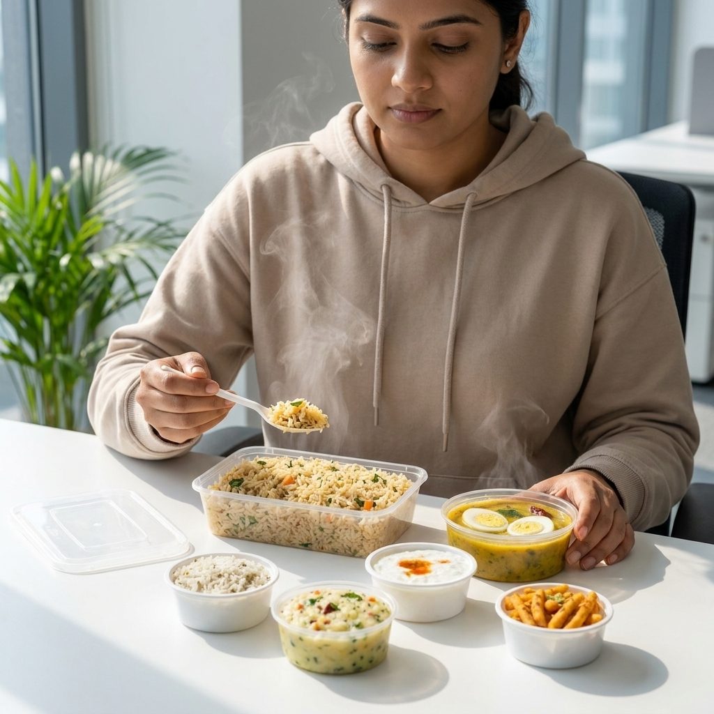 Office worker enjoying a hot Tayb Meals lunch